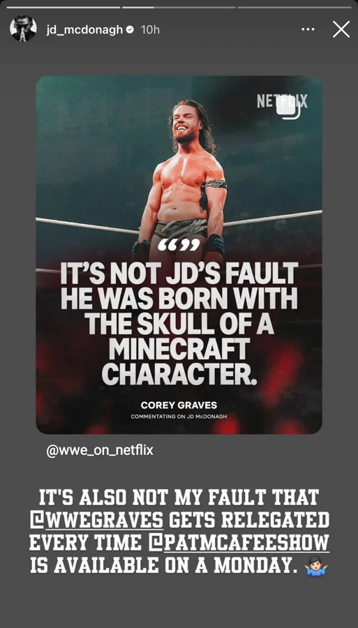 JD McDonagh responds to Corey Graves Minecraft joke